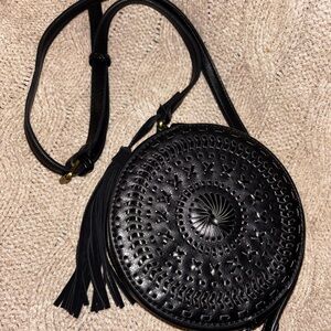 Anthropologie Black Leather Round Cut-Out Crossbody Bag Tassel Gold Zipper EUC